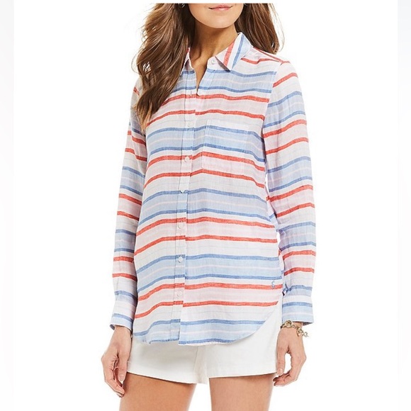 Joules Tops - JOULES Womens White Linen Shirt Blue Pink Stripes Preppy Coastal Button Down